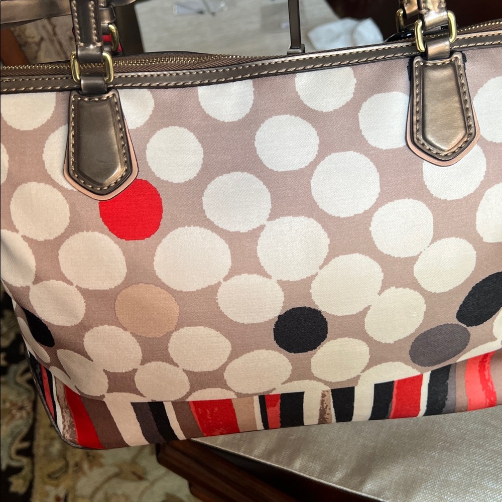 Coach Cream and Red Polka Dot Canvas Tote with Tan Leather Trim GUC 2 Tags - Picture 10 of 17